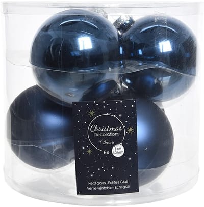 6 stuks luxe glazen kerstballen 8cm diepblauw