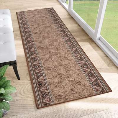 Tapiso Tapijtloper Antislip Bruin Beige – Oosters Gangloper Keukenloper Rubber Onderkant Maat- 67x100