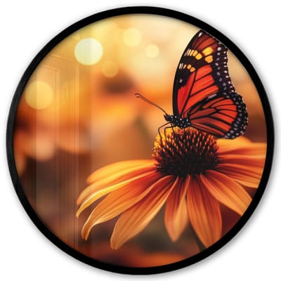 Poster in lijst Rond - Fotolijst 40x40 cm - Posters - Vlinder - Bloemen - Oranje - Ronde posterlijst zwart - Decoratie - Wanddecoratie woonkamer - Muurdecoratie slaapkamer