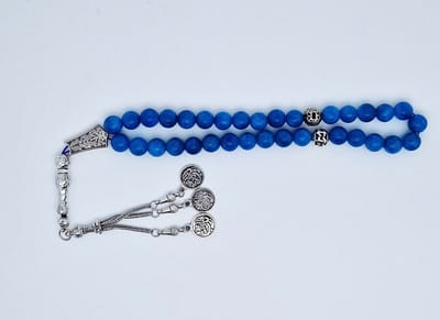Handgemaakte tesbih "tasbih" natuursteen " Blauwe Agaat" - Aantal kralen 33 - Diameter kralen 10 MM - met metaal tassel "model 6" - Een mooi cadeau-idee
