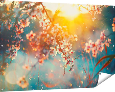 Gards Tuinposter Bloesemboom tijdens Zonsondergang - Bloem - 150x100 cm - Tuindoek - Tuindecoratie - Wanddecoratie buiten - Tuinschilderij
