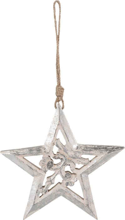 Clayre & Eef Decoratie Hanger Ster 6H1524M 20*2*20 cm Wit Hout Kersthanger Kerstboomversiering
