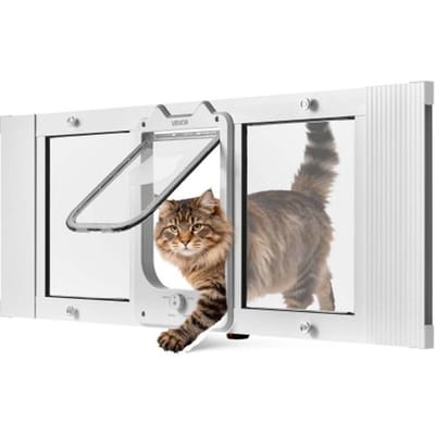 VEVOR Kattenluik/kattendeur, verstelbaar voor raambreedtes (889-1016 mm), weerbestendig huisdierluik met 4 veilige vergrendelingsstanden, aluminium frame, helder glas en magnetische sluiting, wit