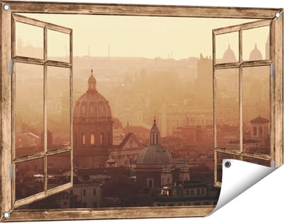 Gards Tuinposter Doorkijk Rome Stad bij Zonsopgang - 90x60 cm - Tuindoek - Tuindecoratie - Wanddecoratie buiten - Tuinschilderij