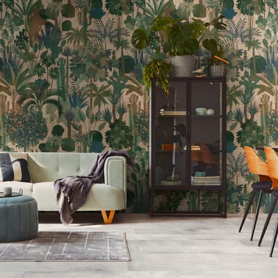 Fotobehang Profhome 398631-GU vliesbehang hardvinyl warmdruk in reliëf glad in jungle stijl mat groen beige bruin blauw 1,59 m x 2,8 m