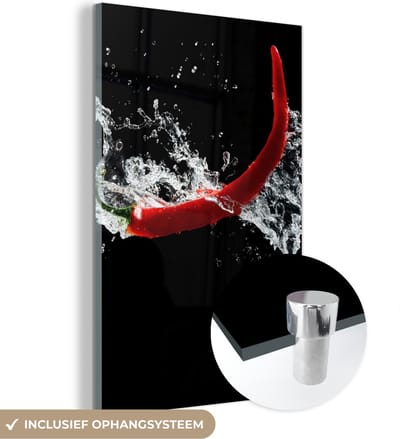 MuchoWow® Glasschilderij 120x180 cm - Schilderij acrylglas - Chilipeper - Stilleven - Water - Zwart - Rood - Foto op glas - Schilderijen