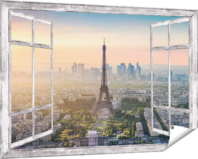 Gards Tuinposter Doorkijk Skyline van Parijs met de Eiffeltoren - 150x100 cm - Tuindoek - Tuindecoratie - Wanddecoratie buiten - Tuinschilderij