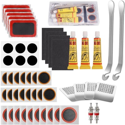 TTLUOKER® Draagbare Fietsen Reparatieset - 36 Patches met Vulkaniseervloeistof - Inclusief Bandenlichters en Opbergdoos - Voor alle Fietsen