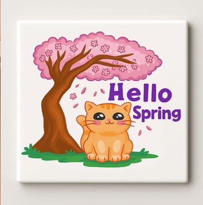 Hello Spring Tegel – Schattige Kat & Bloesemboom Wanddecoratie – Keramische Tegel 15 × 15 cm