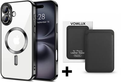 VOWLUX® Compatible iPhone 17 hoesje van schokbestendig siliconen met camera bescherming + Compatible MagSafe QuickWallet pasjeshouder – 24 magneten extra sterk – max 3 pasjes – kunstleer – zwart