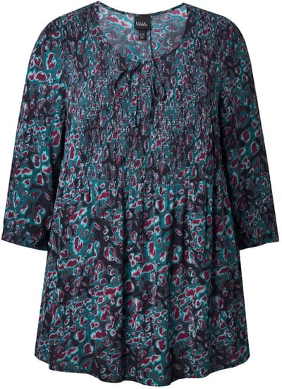 Ulla Popken - Dames - Gesmokte blouse luipaardpatroon A-lijn ronde hals - Petrolgroen - Maat 46+