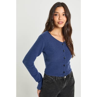 boohoo Dames Wollen Geribbeld Doorknoop Vest | Blue | Maat: 10