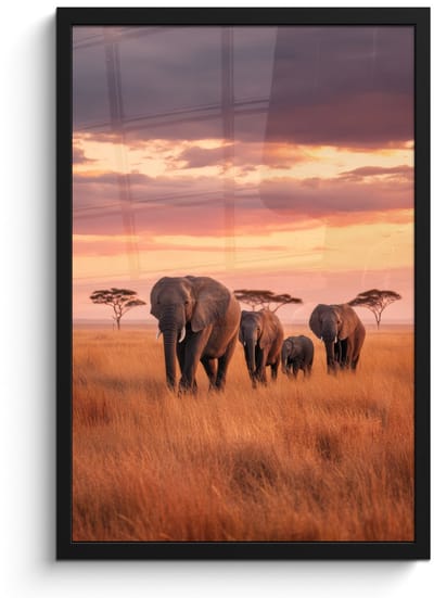 Poster in lijst - Fotolijst 40x60 cm - Posters - Groep olifanten - Open vlakte - Zon - Posterlijst zwart - Decoratie - Wanddecoratie woonkamer - Muurdecoratie slaapkamer