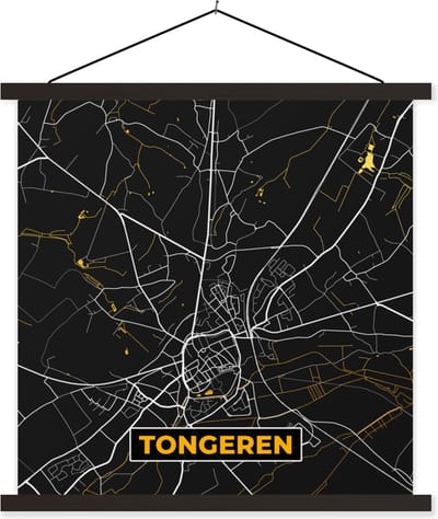 Posterhanger incl. Poster 60x60 cm - Schoolplaat - Stadskaart - Tongeren - Kaart - Gold - Plattegrond - Textielposter - Zwarte latten - Stadskaart
