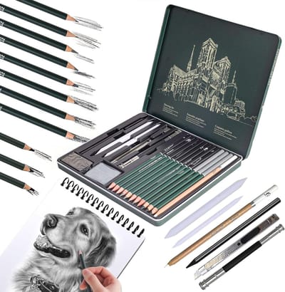 set van 19 stuks, ideaal voor het schetsen van tekenen, schetsen, beginners en kunstenaars, schetsen, tekenpotloden, basissortiment grafietset in metalen etui