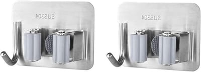 2-Pack Rvs Moppenhouder met Haak, Zelfklevende Wandbevestiging voor Keuken, Tuin en Garage - Ruimtebesparende Organizer voor Broom en Bezem