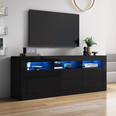 DESMIU Tv Meubel - Hoogglans Met Ledverlichting En Opbergruimte - Voor Woonkamer Met Televisie Tot 70 Inch - Spaanplaat - 160x35x60 Cm - Zwart