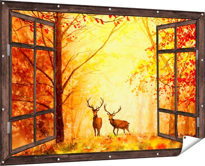 Gards Tuinposter Doorkijk Getekende Herten in het Bos - Herfst - 180x120 cm - Tuindoek - Tuindecoratie - Wanddecoratie buiten - Tuinschilderij