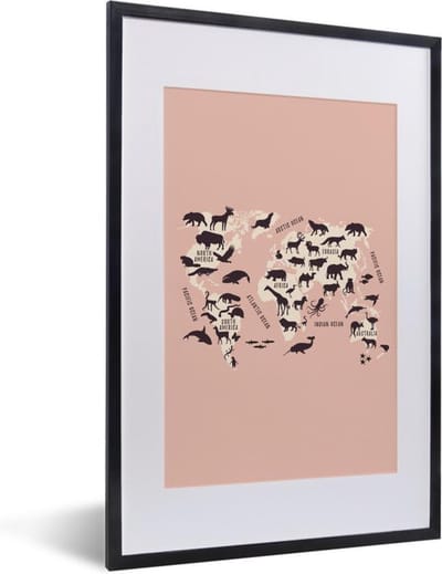 Poster in lijst - Fotolijst 40x60 cm - Posters - Wereldkaart - Dieren - Silhouet - Posterlijst zwart - Decoratie - Wanddecoratie woonkamer - Muurdecoratie slaapkamer