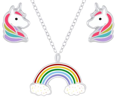 Joy|S - Zilveren eenhoorn oorbellen en regenboog hanger met ketting set