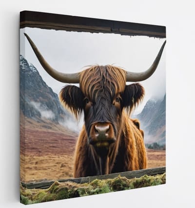 Saammp Canvas Schilderij - Glurende hooglander Koe - Doorkijk - Dieren - 20x20 - Foto op canvas - Wanddecoratie - Muurdecoratie Woonkamer - Slaapkamer decoratie - Canvas Print