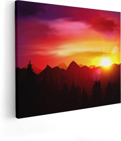 Artaza Canvas Schilderij Bergen - 50x40 cm - Wanddecoratie Zonsondergang - Muurdecoratie Landschap - Kamer Accessoires Bos