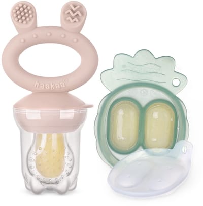 Haakaa Fresh Food Feeder Mini Combo | Blush Feeder en Pea Green Tray
