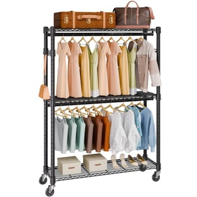 VEVOR 3-laags rolbaar kledingrek, garderobekaststandaard, kledingrails, 204 cm hoog, stalen kledingrek, draagvermogen 182 kg, robuuste standaard voor slaapkamer, wasruimte, kleedkamer etc.