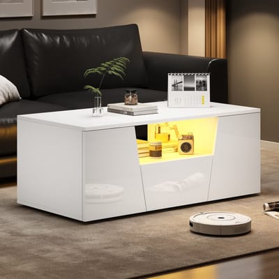 HAUSS SPOLE Salontafels Koffietafel - Salontafel Met LED En 2 Kasten - Onregelmatig Hoogglans Design - 100x50x40 cm - Spaanplaat - Wit