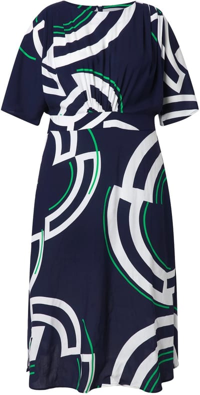 Ulla Popken - Dames - Midi-jurk cirkels A-lijn boothals korte mouwen - Marine - Maat 54+