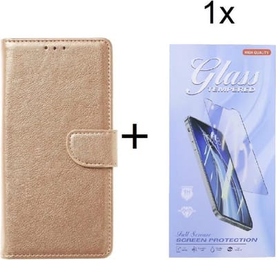 Bookcase Geschikt voor: Oppo Find X3 Lite - Goud - portemonnee hoesje met 1 stuk Glas Screen protector