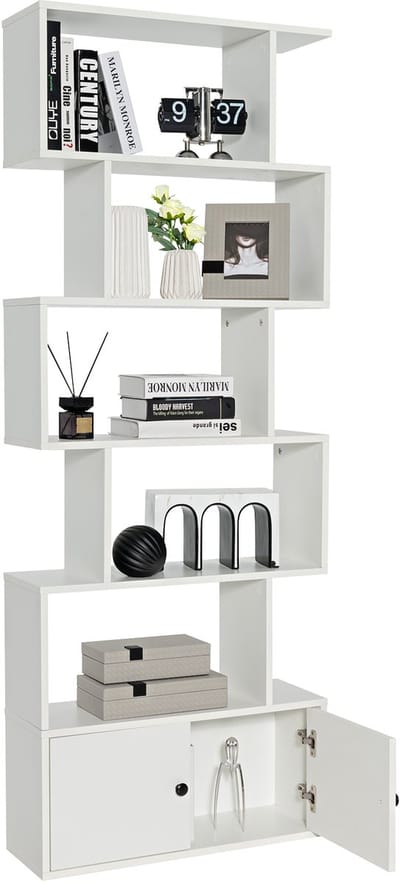 COSTWAY Boekenplank met kast, 6-Laags S-vormige Boekenkast met Deuren, Vrijstaande Houten Decoratieve Opbergplanken voor Woonkamer, Slaapkamer, Thuiskantoor (Wit)