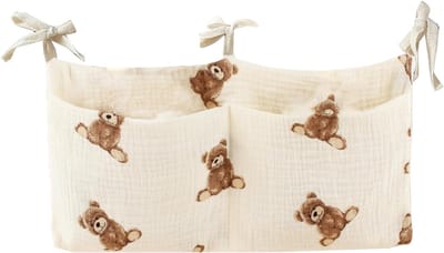 Hangende Ledikant Organizer - Babybed Opbergzak - Opbergtas - Hanggendaars met 2 Vakken - Van Katoen - Voor luiers, Speelgoed, Flesjes - 39x20 cm - Berenpatroon