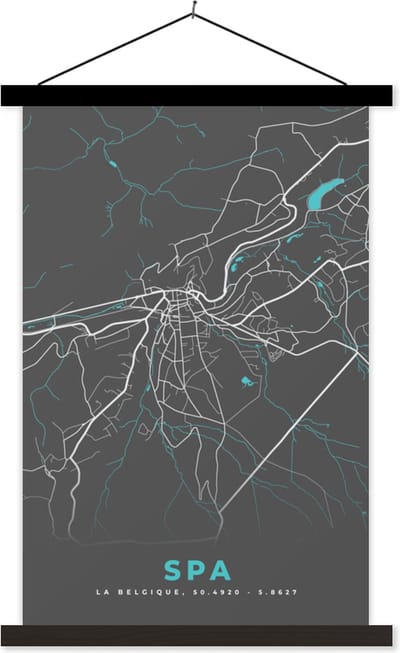 Posterhanger incl. Poster 40x60 cm - Schoolplaat - Stadskaart – Grijs - Kaart – Spa – België – Plattegrond - Textielposter - Zwarte latten - Stadskaart