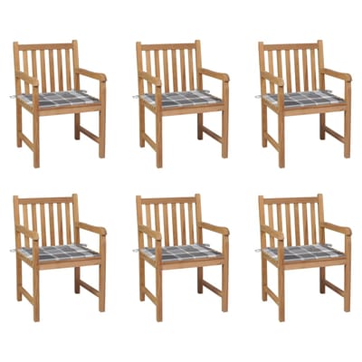 vidaXL - Tuinstoelen - 6 - st - met - grijs - geruite - kussens - massief - teakhout