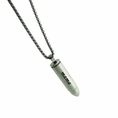 Aramat Jewels | Gedenkhangers | Stalen Kogel Ashanger met Tekst – Zilver & Zwart 5x1cm Gedenksieraad | Zilverkleurig/Mama-5x1cm | |15mm | Staal | Volwassenen | Verkleurd niet