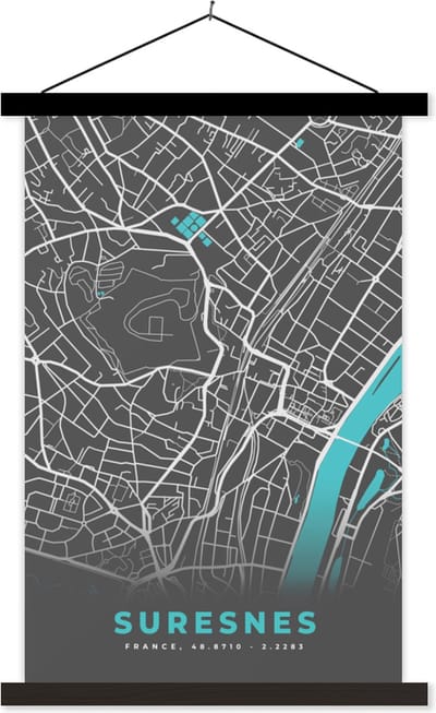Posterhanger incl. Poster 40x60 cm - Schoolplaat - Suresnes - Kaart - Plattegrond - Stadskaart - Frankrijk - Textielposter - Zwarte latten - Stadskaart