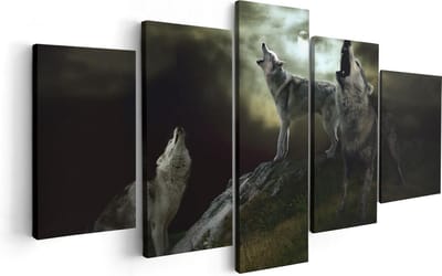 Artaza Canvas Schilderij Vijfluik Drie Huilende Wolven Tijdens Volle Maan - 100x50 - Foto Op Canvas - Canvas Print