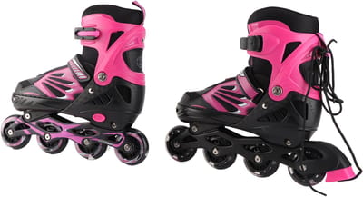 Verstelbare kinder rolschaatsen - Lichtgevende wielen - Voor jongens en meisjes - Roze - ABEC-7 lagers - PU wielen - Efficiënte rem - Inclusief trainingspionnen, bout & inbussleutels - Maat M (schoenmaat 34-37)