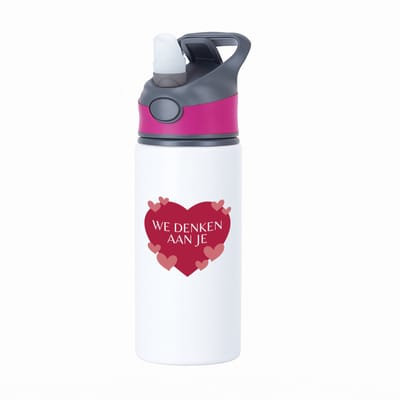 Hacebo® - We denken aan je hartje en kleine hartjes waterfles met rietje roze - iemand die door een moeilijke tijd gaat - moeilijke tijd - ziek - koorts - snel beter worden - cadeau - beterschap cadeau - kado - gift - water fles - 650ML