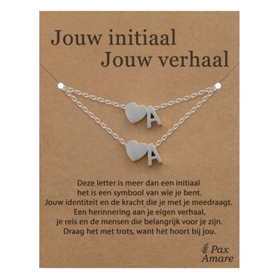 Letter A ketting + armband set op Cadeau Kaartje - Jouw initiaal, jouw verhaal - Zilverkleurig Stainless Steel - Initiaal & Hartje Hanger - Pax Amare