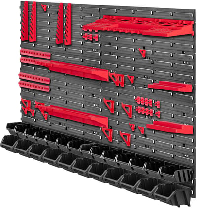 KADAX Werkplaatswandrek, 116 x 78 cm, opslagsysteem van robuust kunststof, uv-bestendig werkplaatsrek, uitbreidbare wandplaten, opbergrek voor garage, rood en zwart, 70 stuks