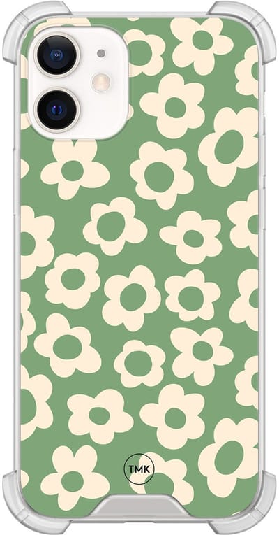 Shockproof hoesje geschikt voor Apple iPhone 12 mini - Retro cute flowers - Schokbestendig - Verhoogde randen - TPU case - Extra Sterke Back Cover - Bloemen - Transparant, Groen
