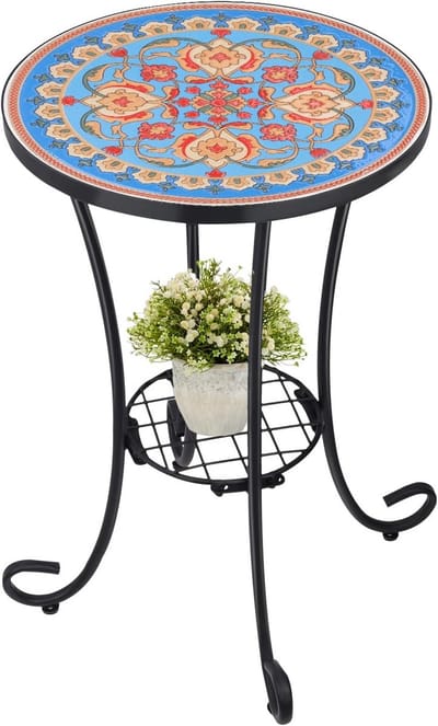 Mozaïek terrastafel met metalen frame - Kleine bijzettafel voor tuin, balkon en patio