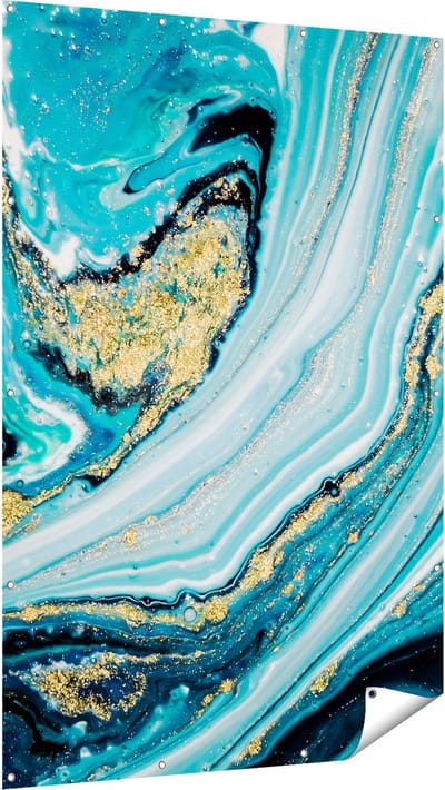 Gards Tuinposter Abstracte Luxe Kunst in het Blauw met Goud - 120x180 cm - Tuindoek - Tuindecoratie - Wanddecoratie buiten - Tuinschilderij