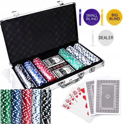 Poker Set ROYAL-FLUSH-PRO – 300 Clay Chips 10g – 2 Kaartspellen, Dobbelstenen & Dealer Buttons in Aluminium Koffer