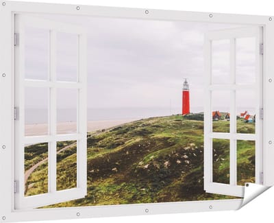 Gards Tuinposter Doorkijk Vuurtoren Texel - 180x120 cm - Tuindoek - Tuindecoratie - Wanddecoratie buiten - Tuinschilderij
