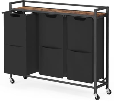 VASAGLE - Wasmand - Wassorteerder - 3 Vakken - Verrijdbare - Afneembare Tassen en Plank - 165 L