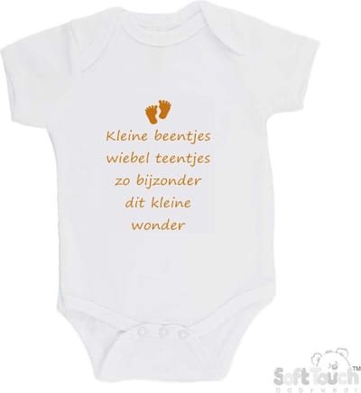 100% katoenen Romper "Kleine beentjes Wiebel teentjes Zo bijzonder Dit kleine wonder" Unisex Katoen Wit/tan Maat 62/68
