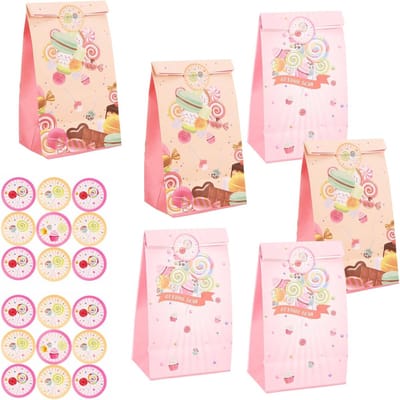 Set van 12 Kleurrijke Papieren Tassen met Leuke Stickers - Ideaal voor Feestjes, Cadeaus en Trouwen, 22 x 12 x 8 cm